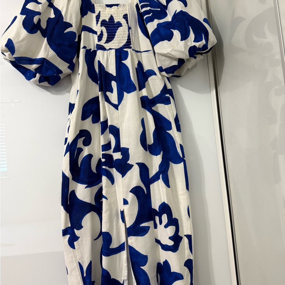 H&M Elegant Blue and White Floral Dress Puffy Balloon Sleeve - Picture 3 of 8